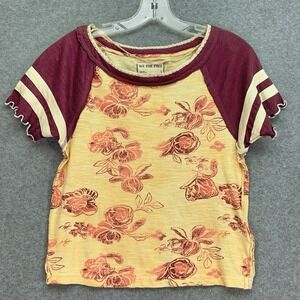 We The Free Raglan Sleeve Top Sz S Butter Yellow Floral Short Sleeve 100% Cotton